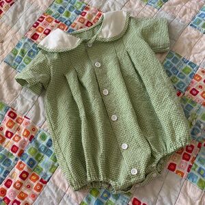 Green Gingham Baby Bubble Romper with White Peter Pan Collar
